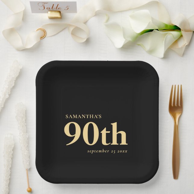 Classy Custom Gold Black Text 90th Name Date  Paper Plates (Wedding)