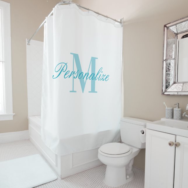 Classy custom name monogram azure blue shower curtain (In Situ)