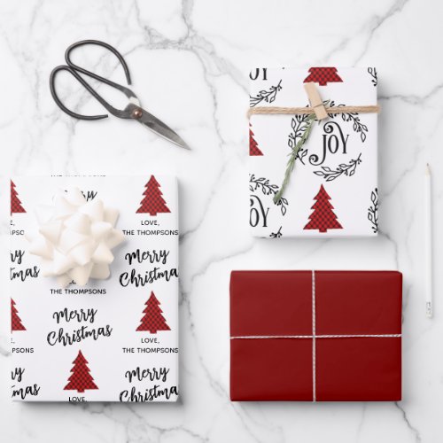 Classy Custom Name Red Black Joy Merry Christmas  Wrapping Paper Sheets