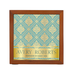 Classy cyan gold Floral Luxury damask Desk Organizer