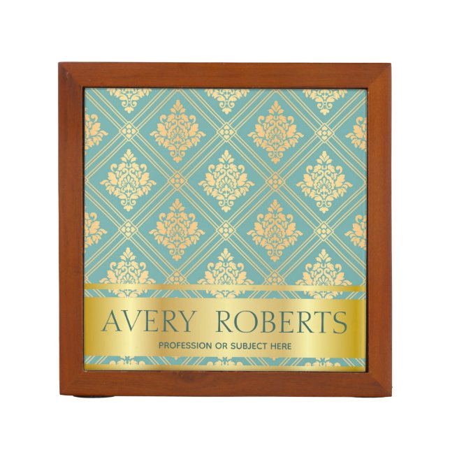 Classy cyan gold Floral Luxury damask Desk Organizer (Front)