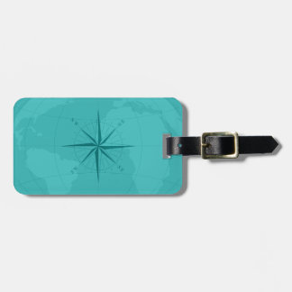 Classy Cyan World Map with Compass Rose Luggage Tag