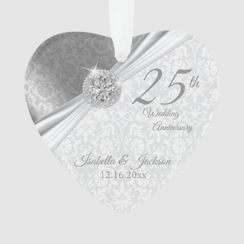 Classy Damask _ 25th Silver Wedding Anniversary Ornament
