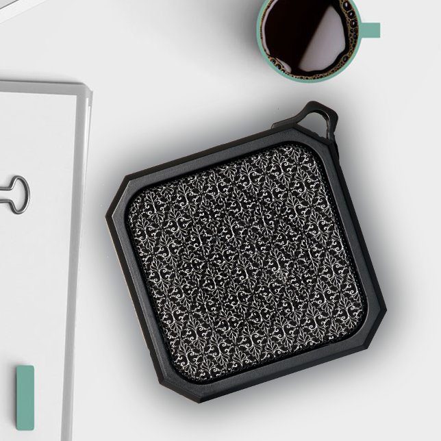 Classy Damask Abstract Pattern White scrolls black Bluetooth Speaker (Elegant black and white damask pattern with scrolls on blue tooth speaker.)