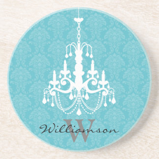 Classy Damask Chandelier Monogram Coaster (aqua)