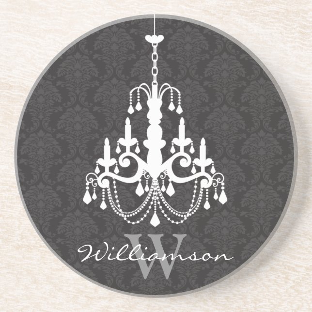 Classy Damask Chandelier Monogram Coaster (black) (Front)