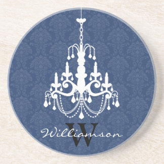 Classy Damask Chandelier Monogram Coaster (blue)
