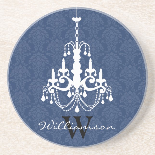 Classy Damask Chandelier Monogram Coaster (blue) (Front)