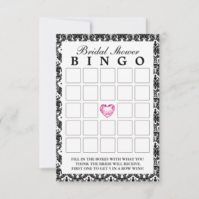 Classy Damask Diamond Heart Bridal Bingo Cards (Front)