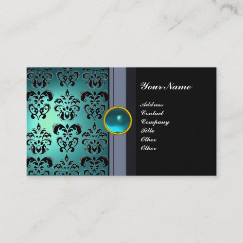 CLASSY DAMASK GEM MONOGRAM black blue aquamarine Business Card