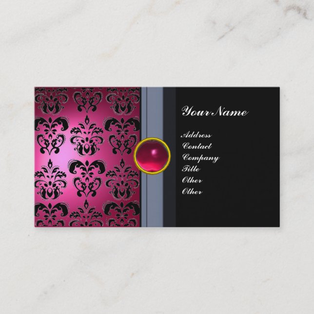 CLASSY DAMASK GEM MONOGRAM black pink Business Card (Front)