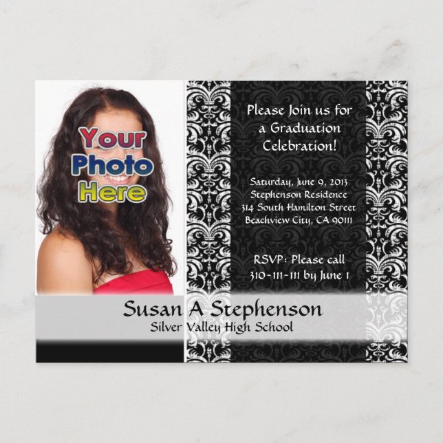 Classy Damask Graduation Party Invitation Photo Postcard (Front)