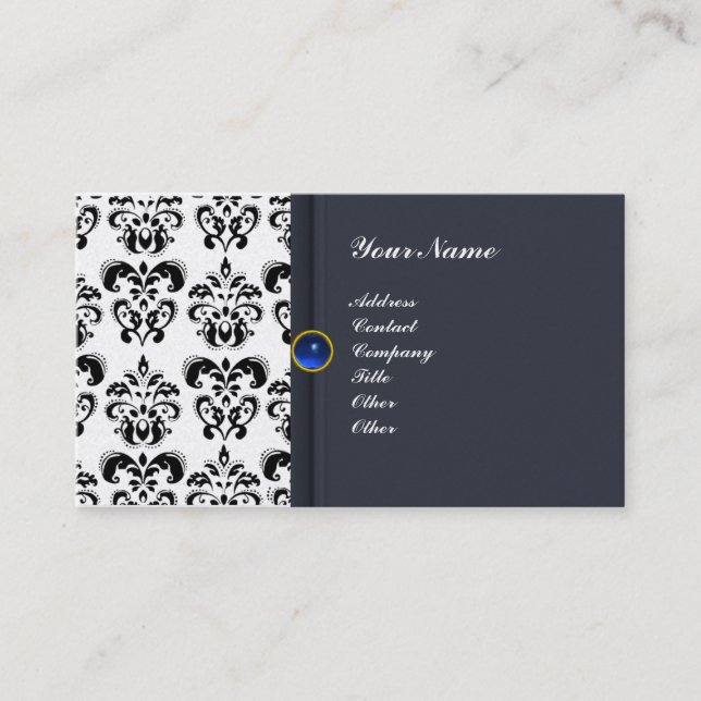CLASSY DAMASK MONOGRAM blue sapphire gold Business Card (Front)