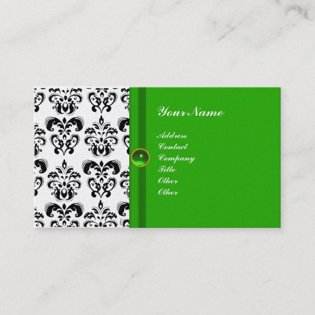 CLASSY DAMASK MONOGRAM green emerald gold Business Card (Front)