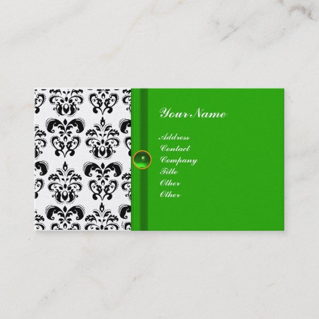 CLASSY DAMASK MONOGRAM green emerald platinum Business Card (Front)