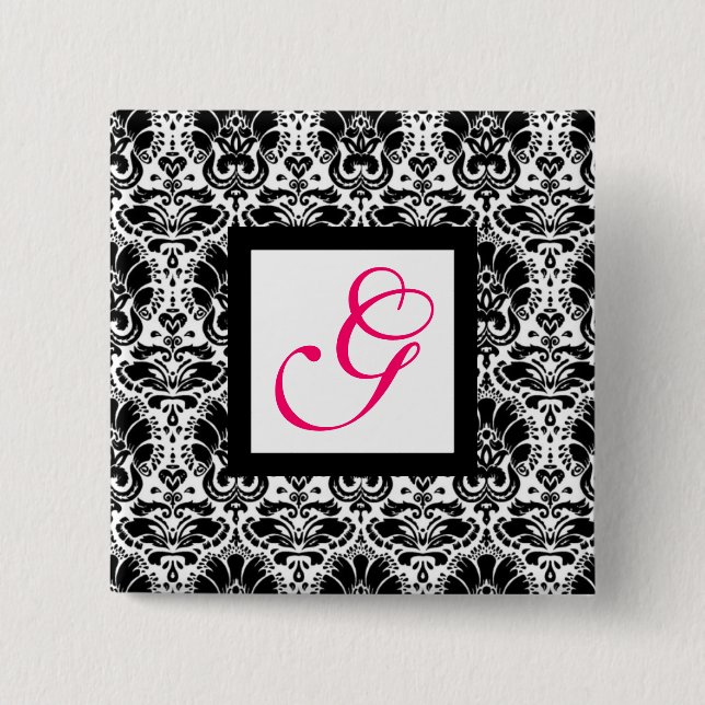 CLASSY DAMASK MONOGRAM,pink fuchsia Pinback Button (Front)