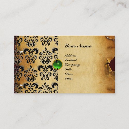 CLASSY DAMASK PARCHMENT MONOGRAM green emerald Business Card