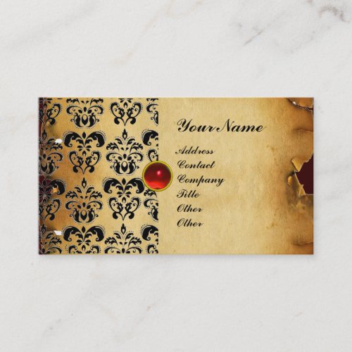 CLASSY DAMASK PARCHMENT MONOGRAM red black Business Card