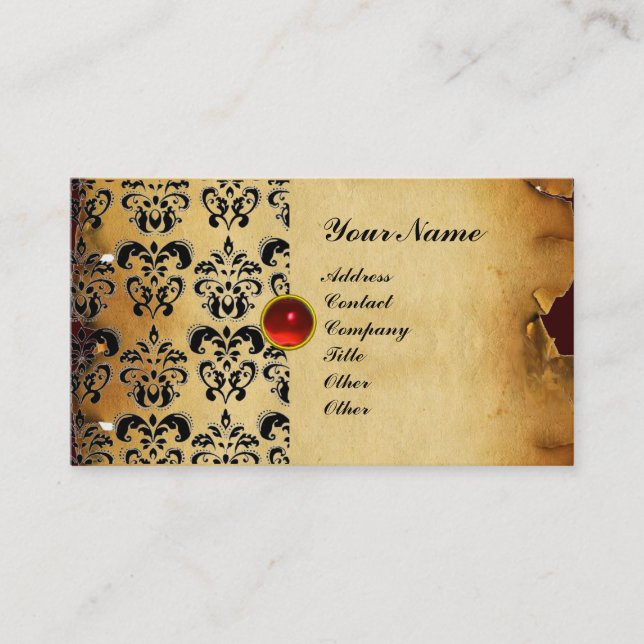 CLASSY DAMASK PARCHMENT MONOGRAM red black Business Card (Front)