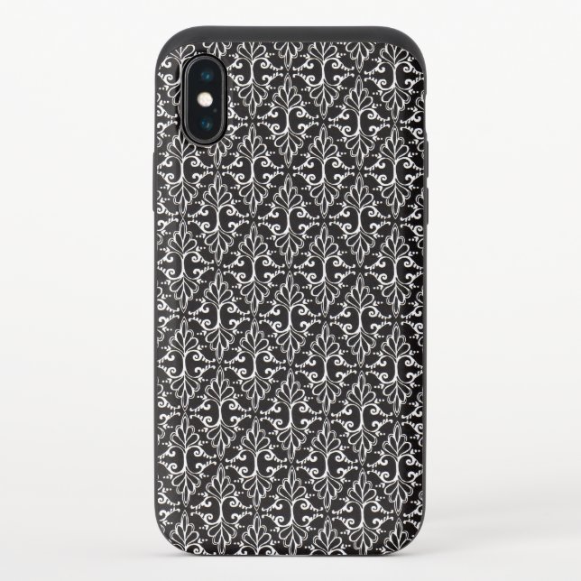 Classy Damask Pattern White Scrolls on Black Uncommon iPhone Case (Back)