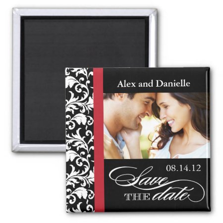Classy Damask Save The Date With Red Accent Magnet