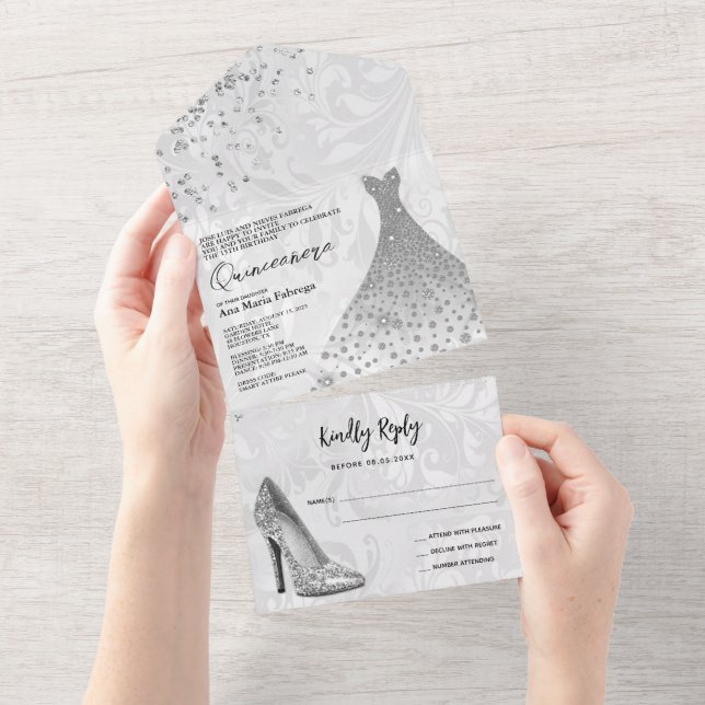 Classy Damask, Silver Stiletto & Gown Quinceañera All In One Invitation (Tearaway)
