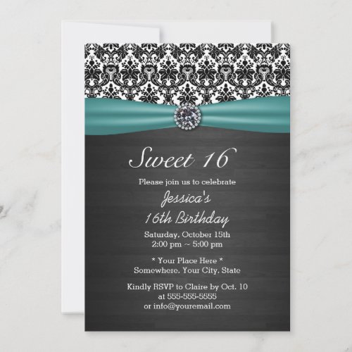 Classy Damask Teal Ribbon  Dark Wood Sweet 16 Invitation