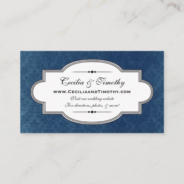 Classy Damask Wedding Website Business Card (blue) (Front)