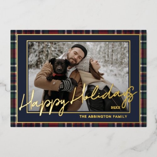 Classy Dark Blue Green Red Plaid Pattern Gold Foil Holiday Card