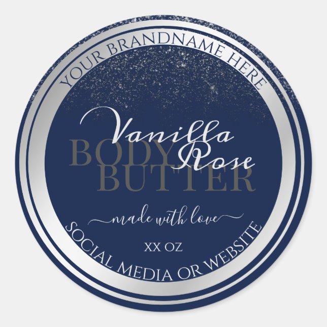 Classy Dark Blue & Silver Product Packaging Labels (Front)