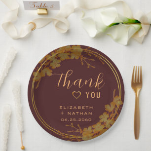 Classy Dark Burgundy & Gold Floral Thank You Paper Plates