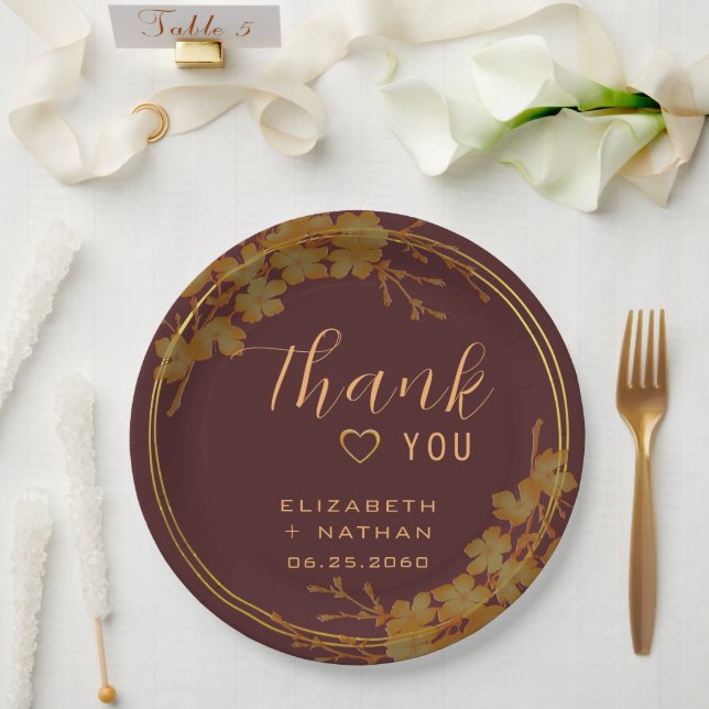 Classy Dark Burgundy & Gold Floral Thank You Paper Plates (Wedding)