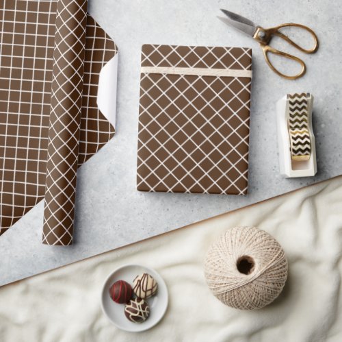 Classy Dark Coffee Brown White Check Pattern Wrapping Paper