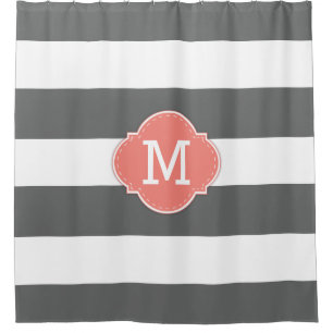 Classy Dark Gray and White Stripes with Monogram Shower Curtain