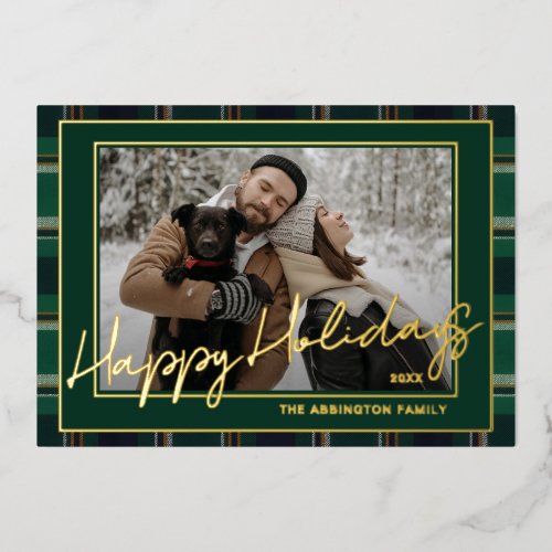 Classy Dark Green Blue Ochre Plaid Pattern Gold Foil Holiday Card