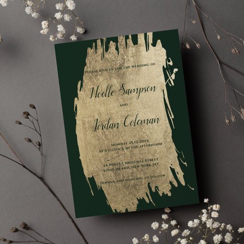 Classy dark green gold brush strokes chic wedding invitation