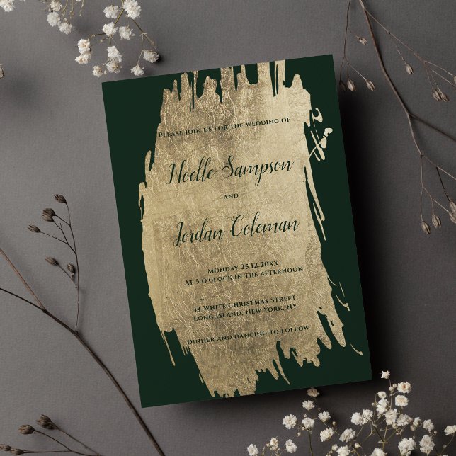 Classy dark green gold brush strokes chic wedding invitation (Classy dark green gold brush strokes chic wedding)