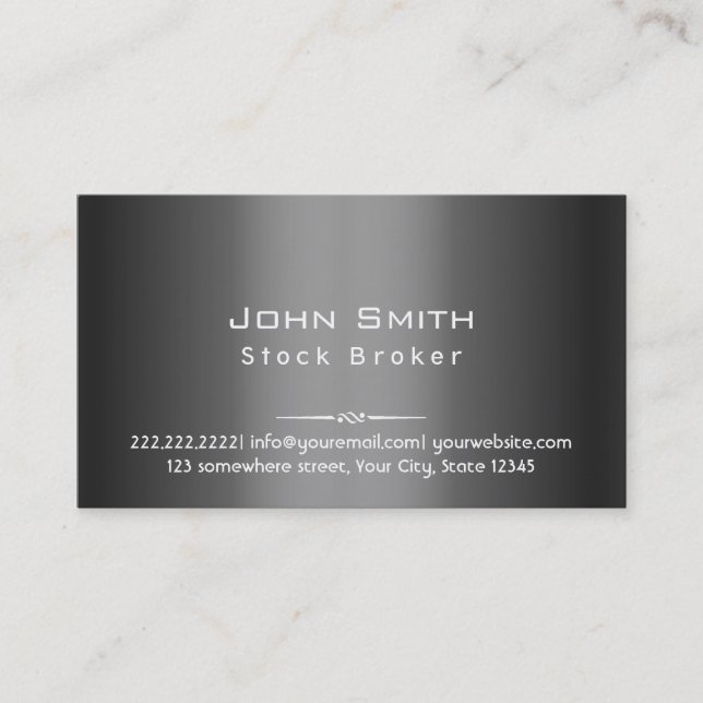 Classy Dark Grey Metal Stock Broker Business Card (Front)