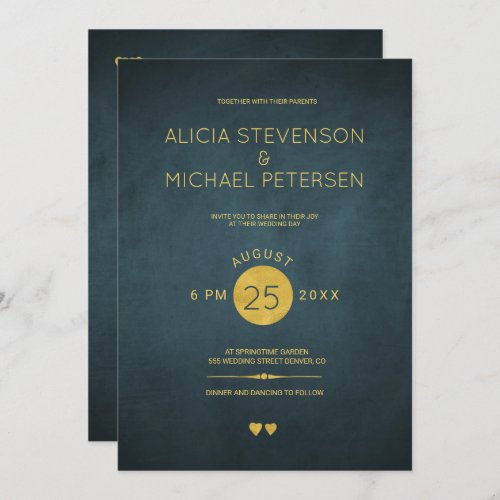 Classy dark navy blue chalkboard and gold wedding invitation