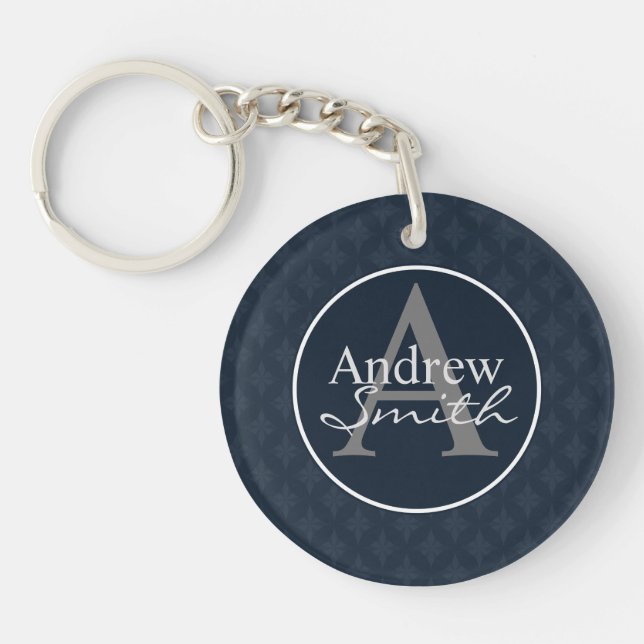 Classy Dark Navy Blue Custom Monogram Keychain (Front)