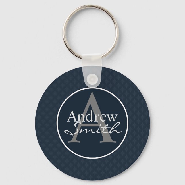 Classy Dark Navy Blue Custom Monogram Keychain (Front)