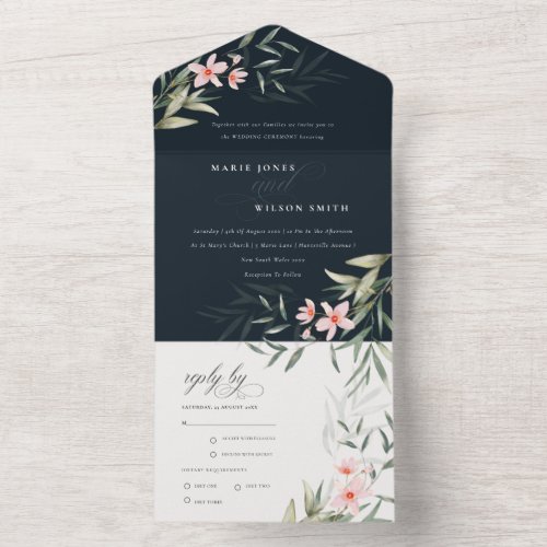 Classy Dark Navy Blush Greenery Floral Wedding All In One Invitation