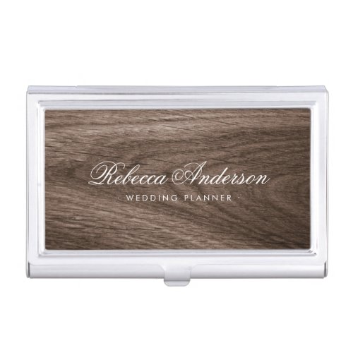 Classy dark oak wood grain calligraphy script business card case