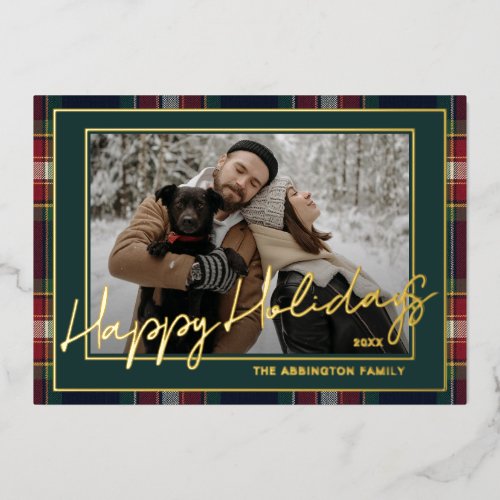Classy Dark Red Blue Green Plaid Pattern Gold Foil Holiday Card