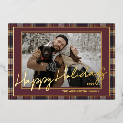 Classy Dark Red Blue Ochre Plaid Pattern Gold Foil Holiday Card