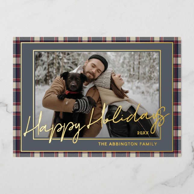 Classy Dark Red Blue Plaid Pattern Gold Foil Holiday Card (Front)