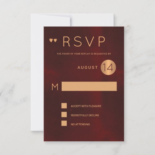 Classy dark red burgundy metallic copper wedding RSVP card
