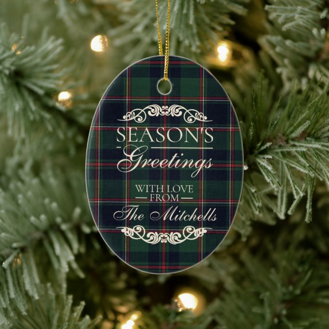 Classy Dark Red Teal Blue Floral Holiday Wreath Ceramic Ornament (Tree)