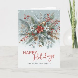 Classy Dark Red Teal Blue Green Floral Wreath Holiday Card