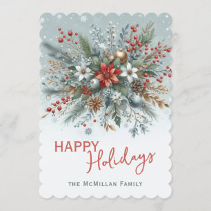 Classy Dark Red Teal Blue Green Floral Wreath Holiday Card